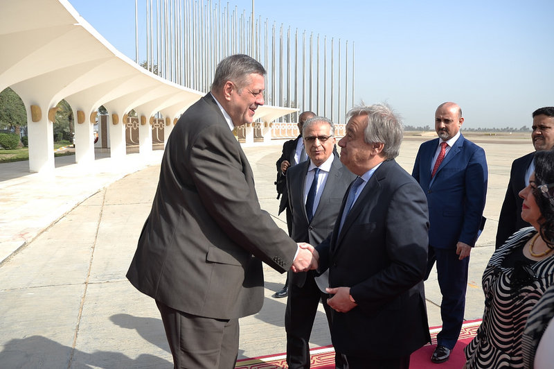 Special Representative Jan Kubis greets UN Secretary-General during visit to Iraq. Photo: UNAMI