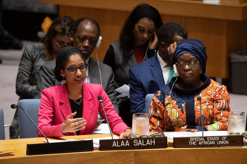 Ms. Alaa Salah, a Sudanese student, activist and a member of MANSAM, briefs the United Nations Security Council at the 2019 Open Debate on Women, Peace and Security. UN Photo/Evan Schneider