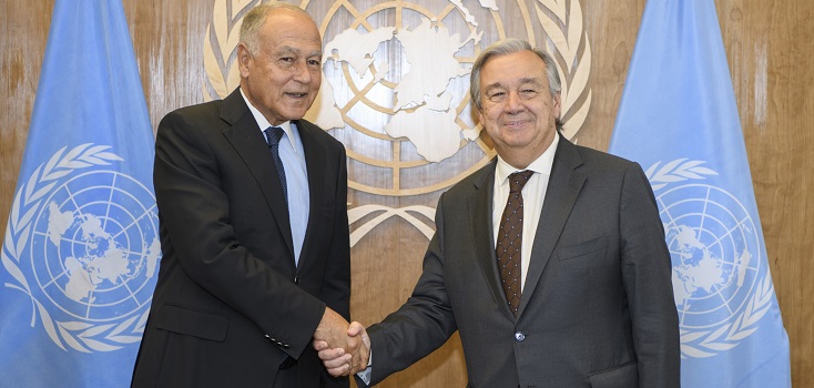Secretary-General António Guterres (right) meets with Ahmed Aboul Gheit, Secretary-General of the League of Arab States. 23 September 2017.