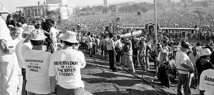 United Nations Observers monitor a political rally in Managua. February 1990.