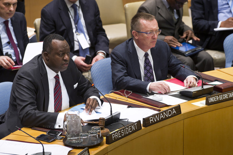 Eugène-Richard Gasana, Permanent Representative of the Republic of Rwanda to the UN and President of the Security Council for the month of April, chairs the Council’s meeting on the situation in the Middle East, including the Palestinian question. On his left is Jeffrey Feltman, Under-Secretary-General for Political Affairs.