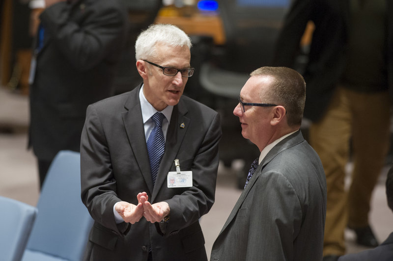 Jeffrey Feltman (right), Under-Secretary-General for Political Affairs, with Jürgen Stock, Secretary General of INTERPOL (International Criminal Police Organization), at the Security Council meeting on general issues relating to sanctions.