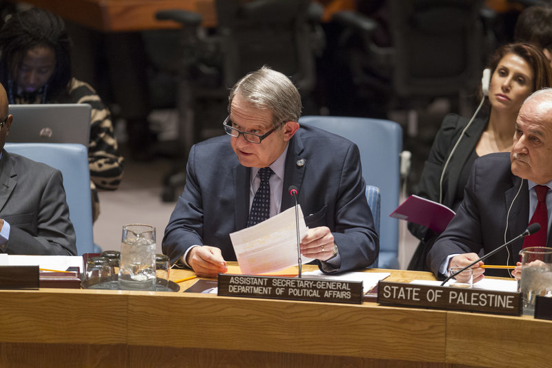 Jens Toyberg-Frandzen (centre), Assistant Secretary-General of Political Affairs, briefs the Security Council at the start of the Council’s first Middle East quarterly open debate of the year. At right is Riyad H. Mansour, Permanent Observer of the State of Palestine to the UN, Permanent Observer of the State of Palestine to the UN.