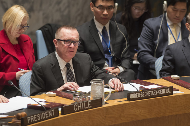 Jeffrey Feltman, Under-Secretary-General for Political Affairs, addresses the Security Council meeting on the situation in Ukraine.