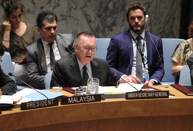 Jeffrey Feltman, Under-Secretary-General for Political Affairs, briefs the Security Council at its meeting on the situation in the Middle East, including the Palestinian question.