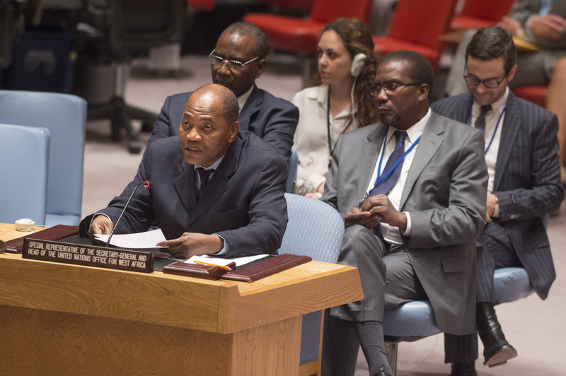 Mohammed Ibn Chambas (left), Special Representative of the Secretary-General and Head of the UN Office for West Africa (UNOWA), speaks at the Security Council meeting on peace consolidation in West Africa.