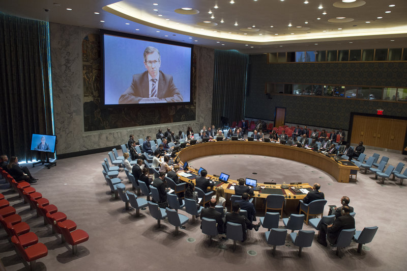 A wide view of the Security Council meeting on the situation in Libya. The Council was briefed by Bernardino Léon (shown on screen), Special Representative of the Secretary-General and Head of the UN Support Mission in Libya (UNSMIL).