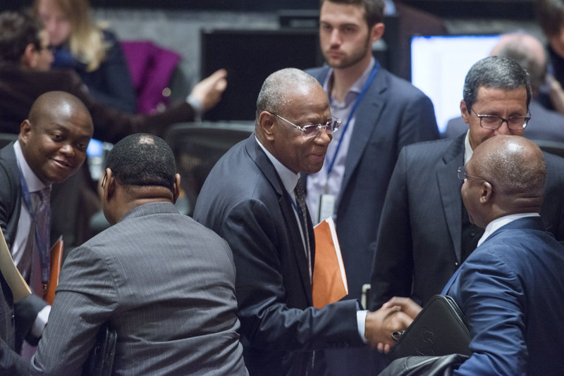 Abdoulaye Bathily (centre), Special Representative of the Secretary-General and Head of the UN Regional Office for Central Africa (UNOCA), greets a delegate during the Security Council meeting on the Central African region.