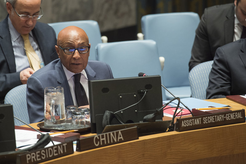 Tayé-Brook Zerihoun (left), Assistant Secretary-General for Political Affairs, briefs the Security Council on the situation in Ukraine.