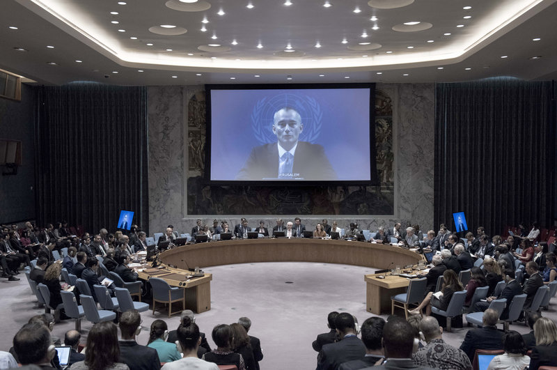 Nickolay Mladenov (on screen), Special Coordinator for the Middle East Peace Process, briefs the Security Council via video teleconference from Jerusalem.
