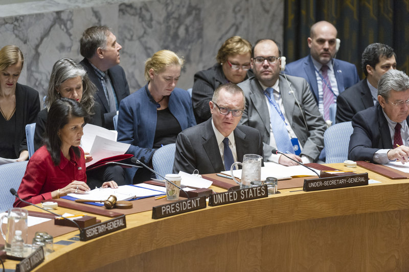 Jeffrey Feltman (front centre), Under-Secretary-General for Political Affairs, addresses the meeting. He is flanked by Nikki Haley (left), United States Permanent Representative to the UN and President of the Council for April; and Elbio Oscar Rosselli Frieri, Permanent Representative of Uruguay.