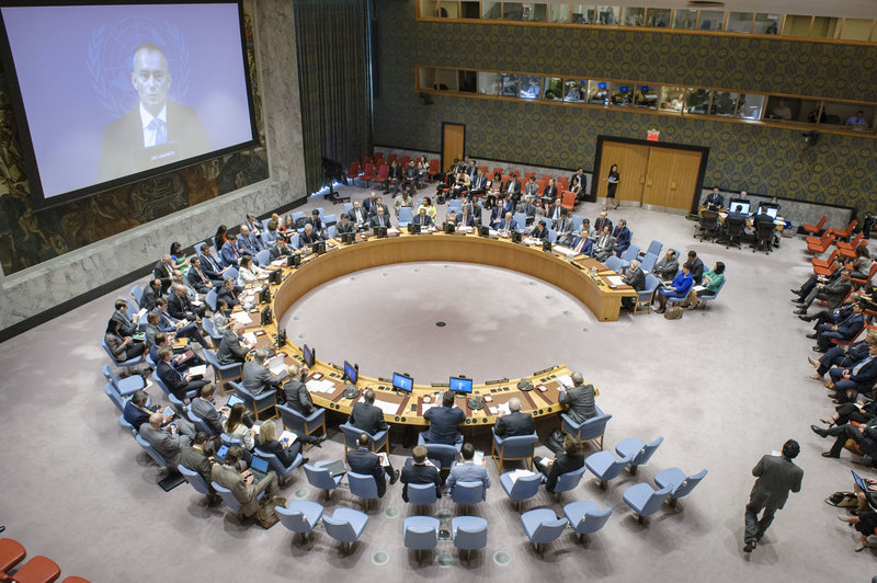 A wide view of the Security Council meeting on the situation in the Middle East, including the Palestinian question. Nickolay Mladenov (shown on screen), UN Special Coordinator for the Middle East Peace Process and Personal Representative of the Secretary-General to the Palestine Liberation Organization and the Palestinian Authority, briefed the Council via video conference.
