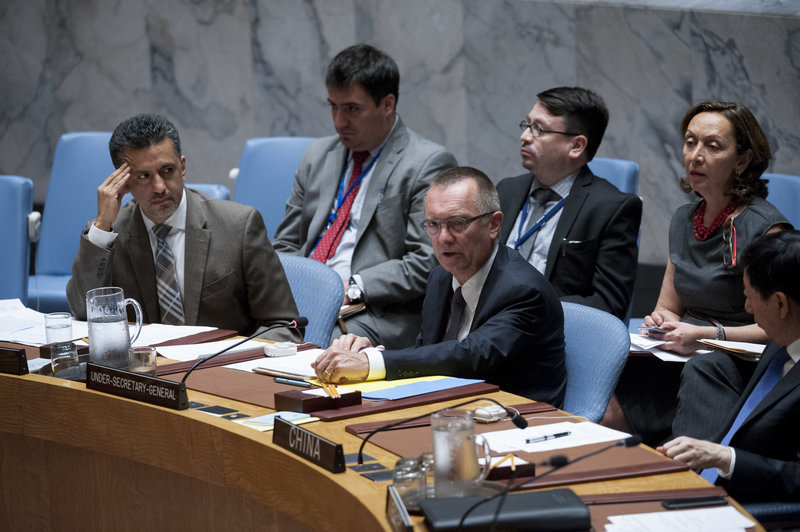Jeffrey Feltman (centre), Under-Secretary-General for Political Affairs, addresses the meeeting. At left is Sacha Sergio Llorentty Solíz, Permanent Representative of the Plurinational State of Bolivia to the UN and President of the Council for June. The Security Council met to consider progress on the 2015 accord on Iran’s Nuclear Programme known as the Joint Comprehensive Plan of Action.