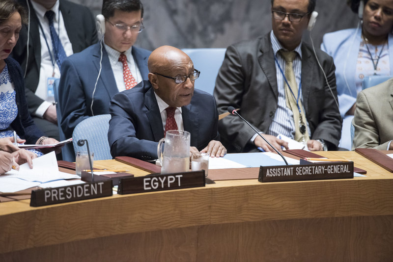 Tayé-Brook Zerihoun (right), Assistant Secretary-General for Political Affairs, addresses the Security Council meeting on enhancing the effectiveness of United Nations sanctions.
