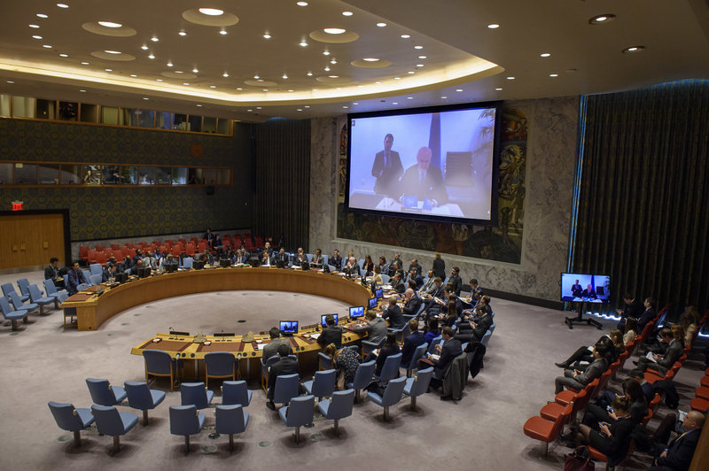 Staffan de Mistura (on screen), UN Special Envoy for Syria, briefs the Security Council on the situation in Syria.