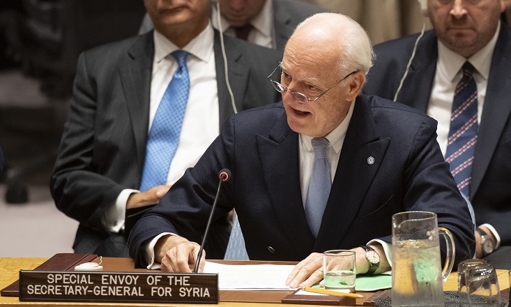 Staffan de Mistura, UN Special Envoy for Syria, briefs the Security Council meeting on the situation in Syria. UN Photo/Eskinder Debebe