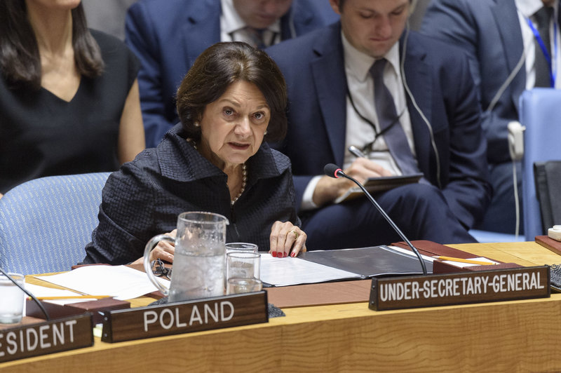 Rosemary DiCarlo, Under-Secretary-General for Political and Peacebuilding Affairs, briefs the Security Council meeting on the situation in the Middle East (Syria). UN Photo/Loey Felipe