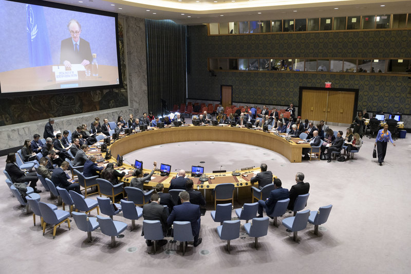 A wide view of the Security Council chamber as Special Envoy Geir O. Pedersen briefs the Security Council meeting on the situation in Syria. UN Photo/Manuel Elias 