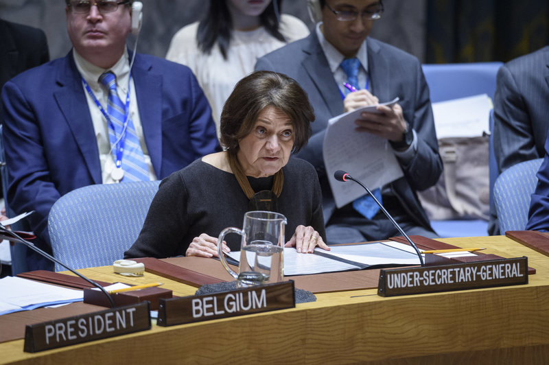 Rosemary DiCarlo, Under-Secretary-General for Political and Peacebuilding Affairs, briefs the Security Council. UN Photo/Loey Felipe