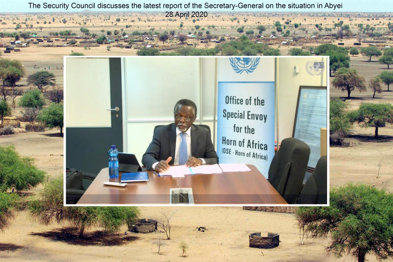 Parfait Onanga-Anyanga, Special Envoy of the Secretary-General for the Horn of Africa, briefs the Security Council members during an open video conference in connection with United Nations Interim Security Force for Abyei (UNISFA) and the Sudan and South Sudan. UN Photo/Evan Schneider