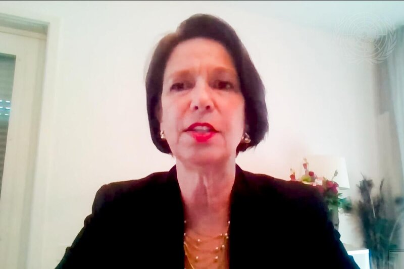 Christine Schraner Burgener, Special Envoy of the Secretary-General on Myanmar, briefs the General Assembly on the situation in Myanmar at an informal meeting of the plenary. 