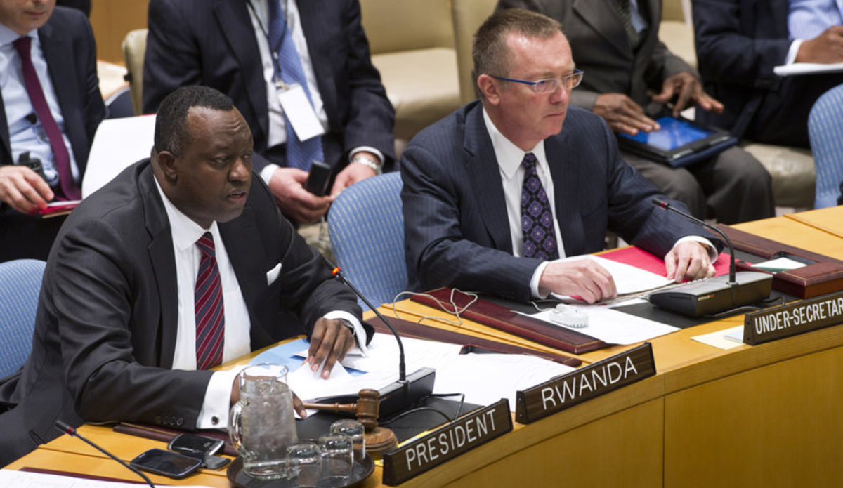 Eugène-Richard Gasana, Permanent Representative of the Republic of Rwanda to the UN and President of the Security Council for the month of April, chairs the Council’s meeting on the situation in the Middle East, including the Palestinian question. On his left is Jeffrey Feltman, Under-Secretary-General for Political Affairs.