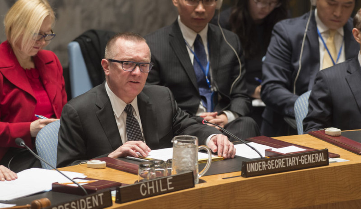 Jeffrey Feltman, Under-Secretary-General for Political Affairs, addresses the Security Council meeting on the situation in Ukraine.