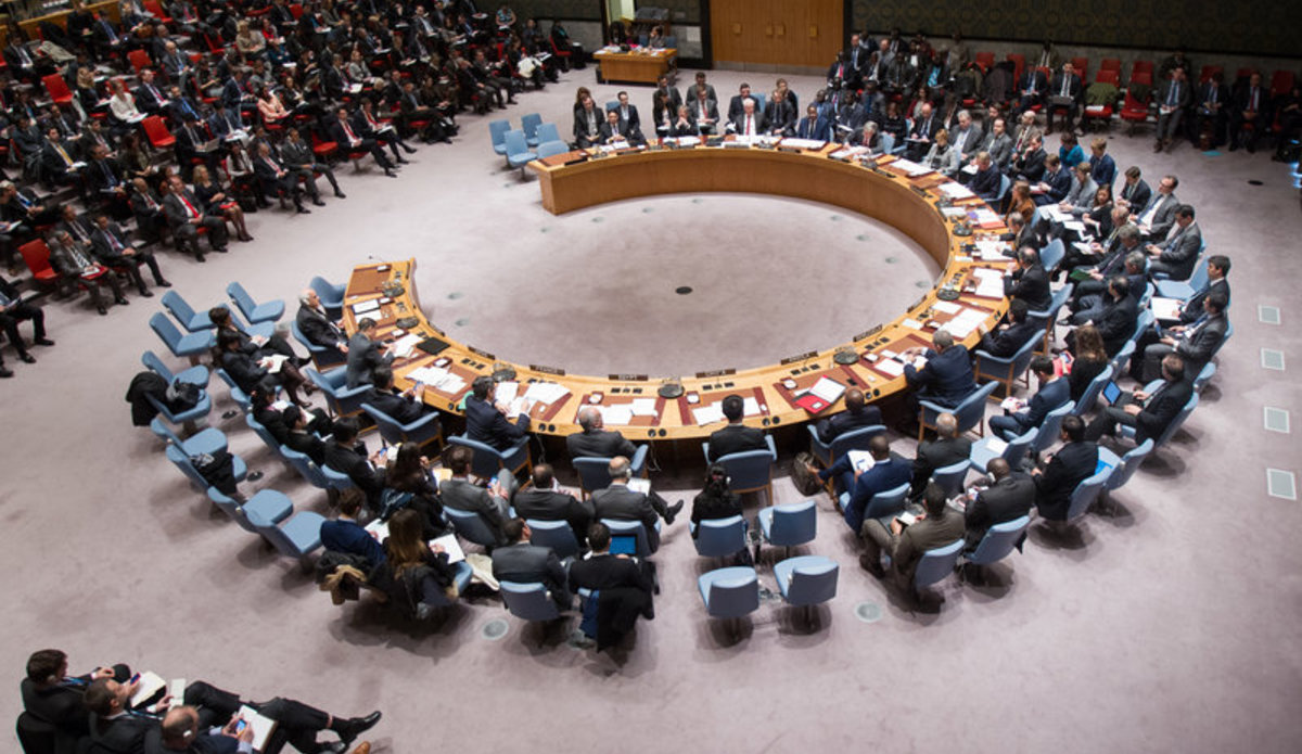 A wide view of the Security Council during the meeting on the situation in the Middle East and Palestine.