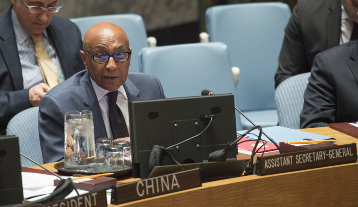 Tayé-Brook Zerihoun (left), Assistant Secretary-General for Political Affairs, briefs the Security Council on the situation in Ukraine.