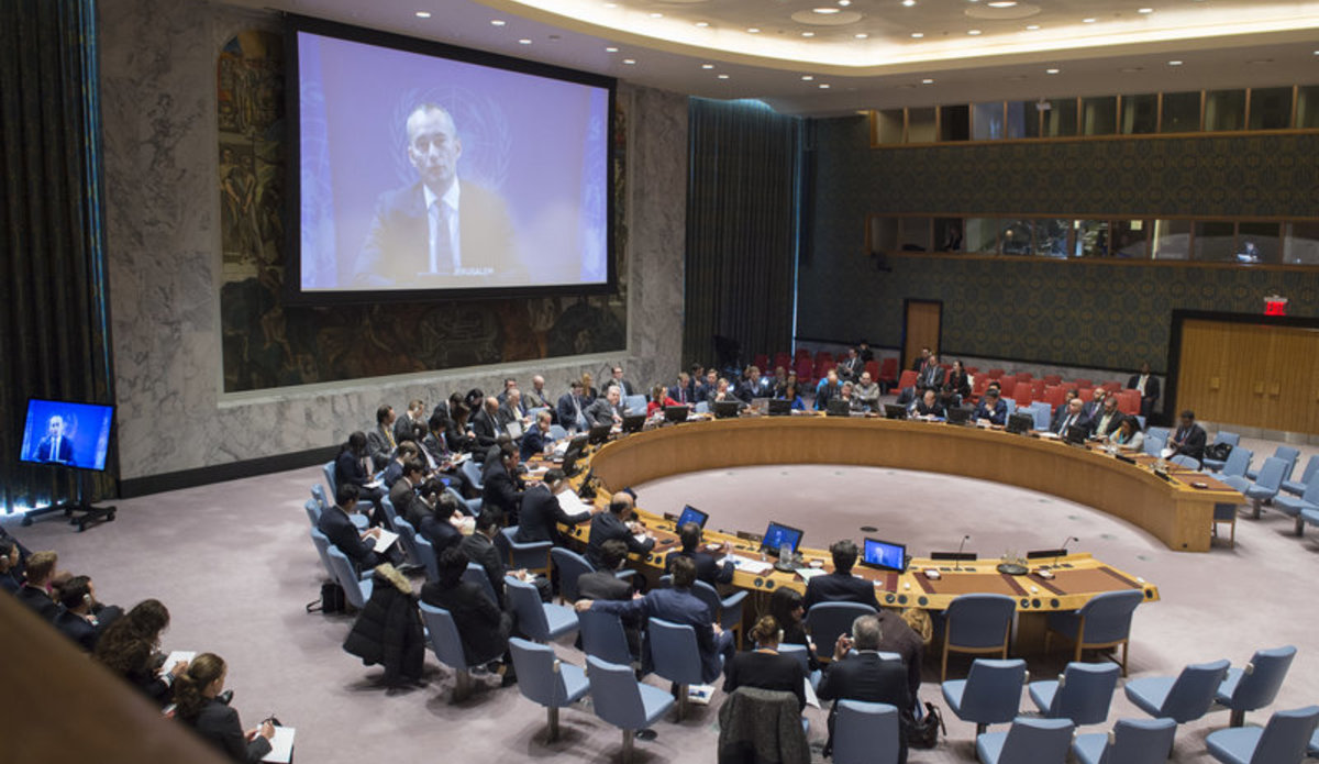 Nickolay Mladenov (shown on screen), UN Special Coordinator for the Middle East Peace Process and Personal Representative of the Secretary-General to the Palestine Liberation Organization and the Palestinian Authority, briefs the Security Council via video teleconference.