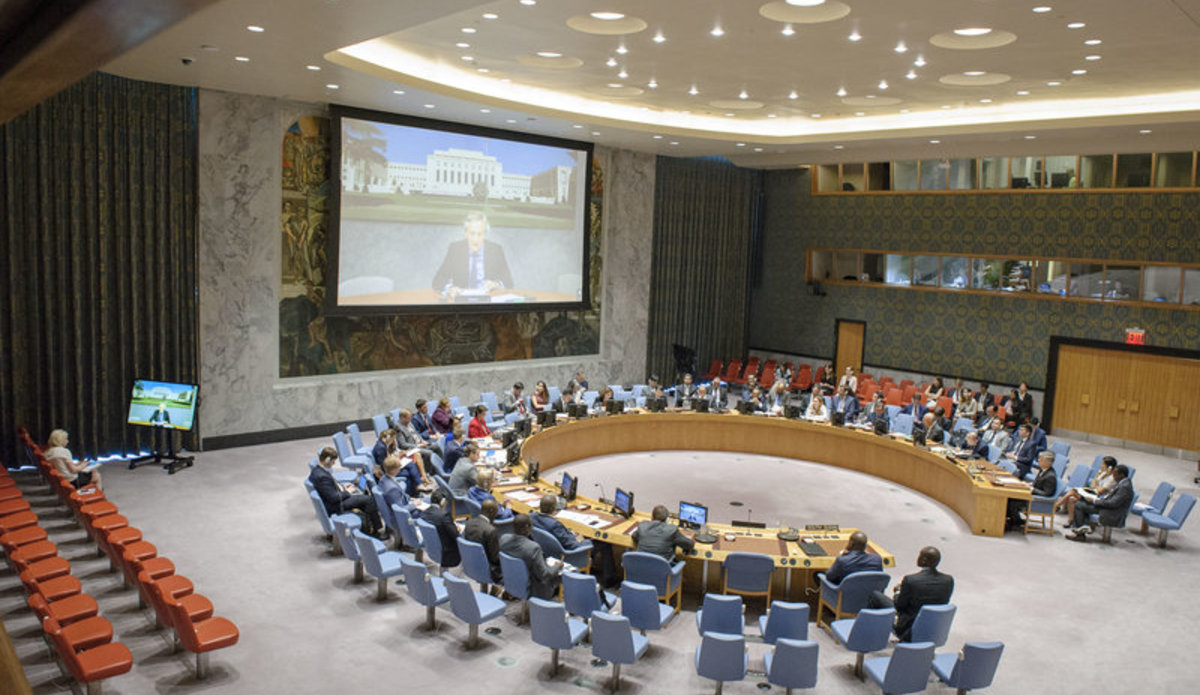 A wide view of the Security Council chamber as Nicholas Haysom (on screen), Special Envoy of the Secretary-General for Sudan and South Sudan briefs the Council via video conference.