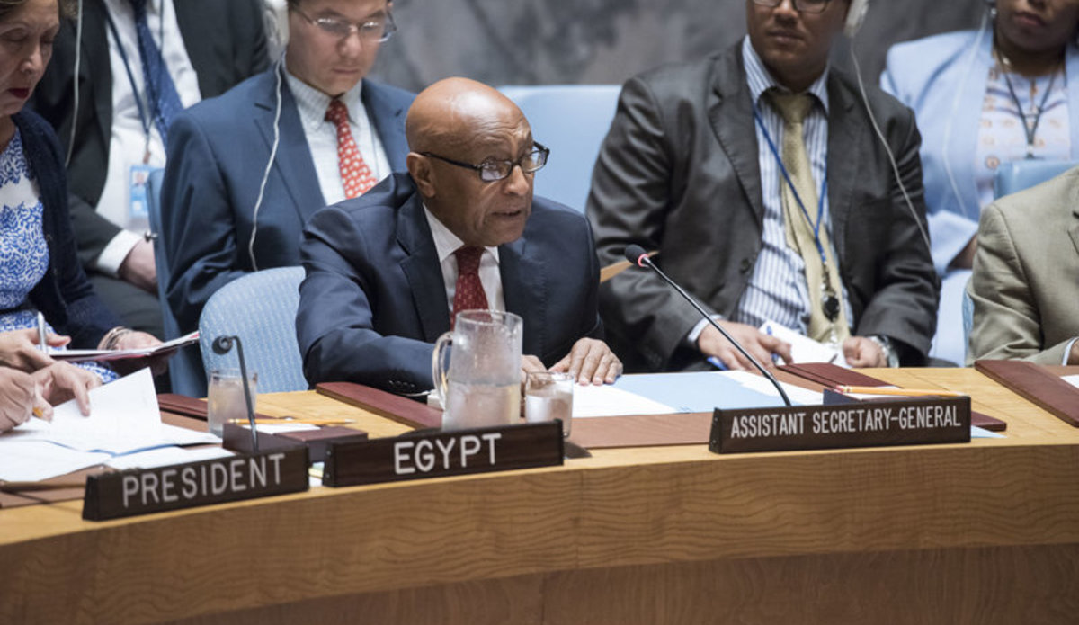 Tayé-Brook Zerihoun (right), Assistant Secretary-General for Political Affairs, addresses the Security Council meeting on enhancing the effectiveness of United Nations sanctions.