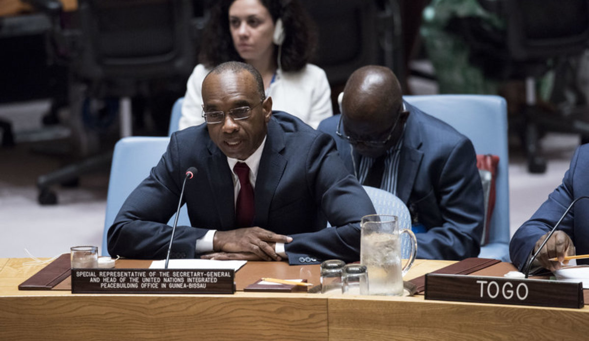 Modibo Touré, Special Representative of the Secretary-General and Head of the United Nations Integrated Peacebuilding Office in Guinea-Bissau (UNIOGBIS), addresses a Security Council meeting on the situation in Guinea-Bissau and the activities of UNIOGBIS.