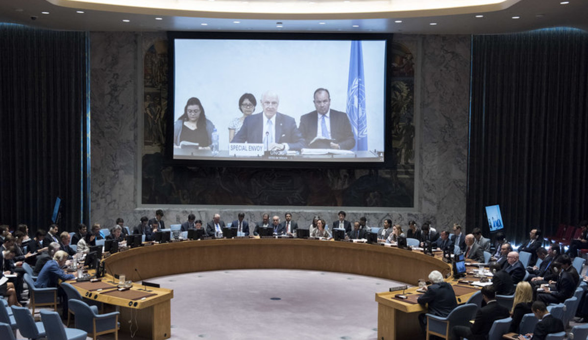 A wide view of the Security Council Chamber as Staffan de Mistura, UN Special Envoy for Syria, briefs the Council via video link.