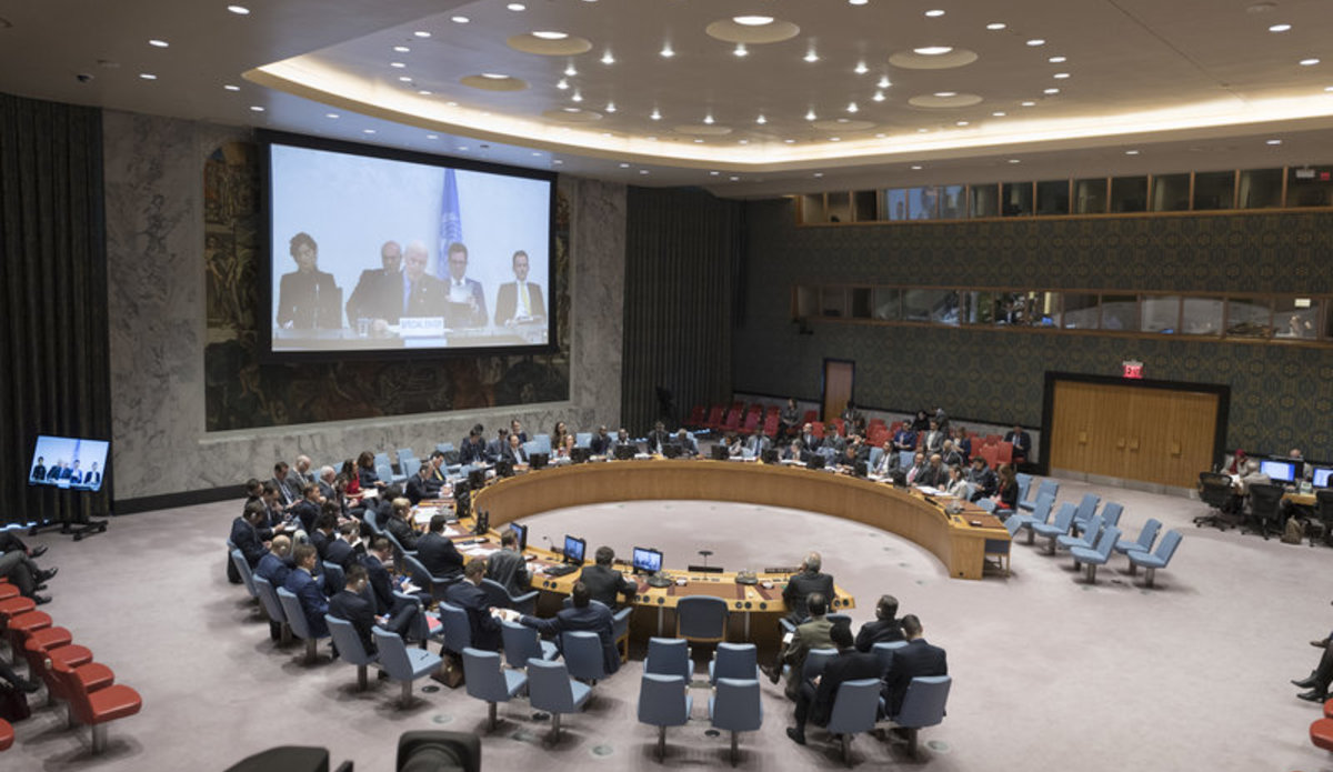 A wide view of the Security Council chamber as Staffan de Mistura (centre on screen), UN Special Envoy for Syria, briefs the Security Council on the situation in the Middle East (Syria). UN Photo/Rick Bajornas