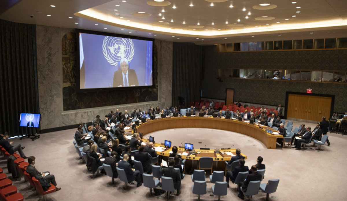 Martin Griffiths (on screen), Special Envoy of the Secretary-General for Yemen, briefs the Security Council on the situation in the Middle East (Yemen). UN Photo/Eskinder Debebe