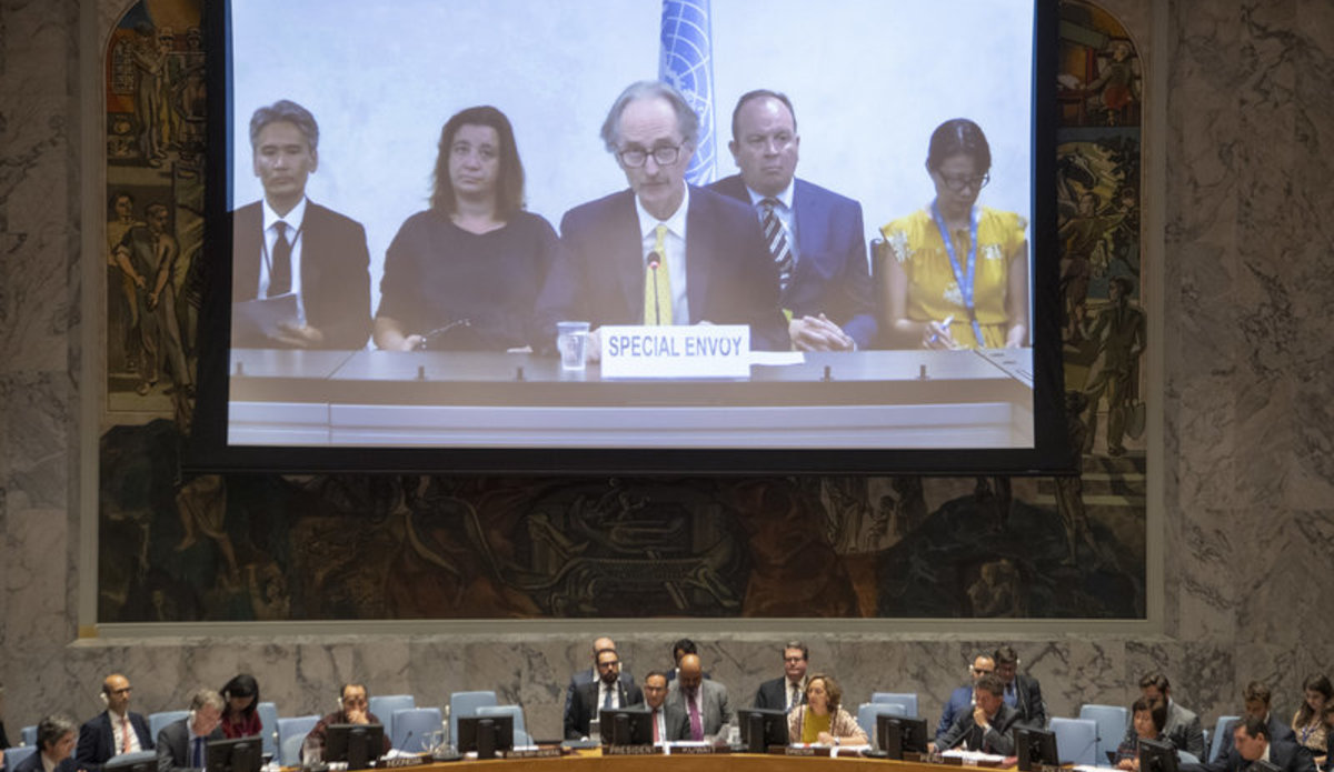 Geir Pedersen (centre on screen), Special Envoy of the Secretary-General for Syria, briefs the Security Council on the situation in the Middle East (Syria). 