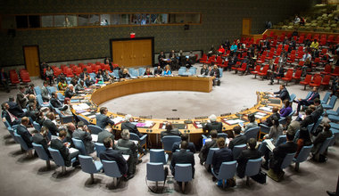 A wide view of the Security Council meeting on the situation in Ukraine.