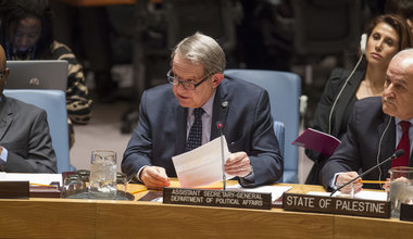 Jens Toyberg-Frandzen (centre), Assistant Secretary-General of Political Affairs, briefs the Security Council at the start of the Council’s first Middle East quarterly open debate of the year. At right is Riyad H. Mansour, Permanent Observer of the State of Palestine to the UN, Permanent Observer of the State of Palestine to the UN.