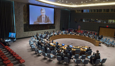 A wide view of the Security Council meeting on the situation in Libya. The Council was briefed by Bernardino Léon (shown on screen), Special Representative of the Secretary-General and Head of the UN Support Mission in Libya (UNSMIL).