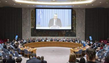 A wide view of the Security Council meeting on the situation in the Middle East, including the Palestinian question. The Council was briefed via video teleconference by Nickolay Mladenov, UN Special Coordinator for the Middle East Peace Process and Personal Representative of the Secretary-General to the Palestine Liberation Organization and the Palestinian Authority.