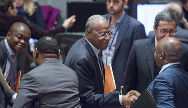 Abdoulaye Bathily (centre), Special Representative of the Secretary-General and Head of the UN Regional Office for Central Africa (UNOCA), greets a delegate during the Security Council meeting on the Central African region.