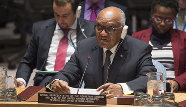 Miguel Trovoada, Special Representative of the Secretary General for Guinea-Bissau and head of the Untied Nations Integrated Peacebuilding Office in Guinea-Bissau (UNIOGBIS) briefs members of the Security Council on the situation in Guinea-Bissau and the activities of the United Nations Integrated Peacebuilding Office in Guinea Bissau.