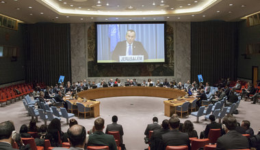 Nickolay Mladenov (shown on screen), UN Special Coordinator for the Middle East Peace Process and Personal Representative of the Secretary-General to the Palestine Liberation Organization and the Palestinian Authority, briefs the Security Council via video teleconference on the Middle East Situation, including the Palestinian question.