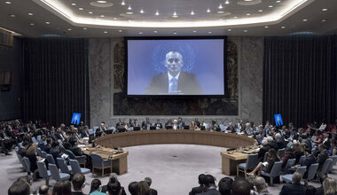 Nickolay Mladenov (on screen), Special Coordinator for the Middle East Peace Process, briefs the Security Council via video teleconference from Jerusalem.