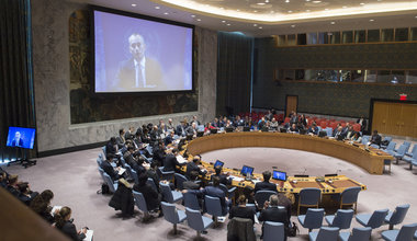 Nickolay Mladenov (shown on screen), UN Special Coordinator for the Middle East Peace Process and Personal Representative of the Secretary-General to the Palestine Liberation Organization and the Palestinian Authority, briefs the Security Council via video teleconference.
