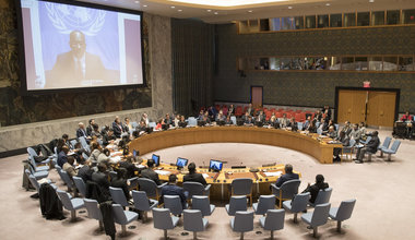 Modibo Touré (on screen), Special Representative and Head of the United Nations Integrated Peacebuilding Office in Guinea-Bissau (UNIOGBIS), briefs the Security Council on the situation in the country.