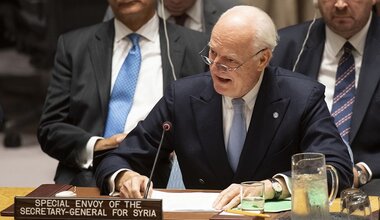 Staffan de Mistura, UN Special Envoy for Syria, briefs the Security Council meeting on the situation in Syria. UN Photo/Eskinder Debebe