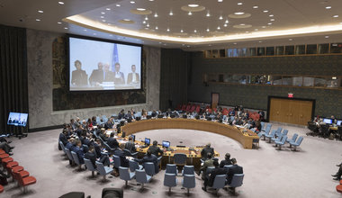 A wide view of the Security Council chamber as Staffan de Mistura (centre on screen), UN Special Envoy for Syria, briefs the Security Council on the situation in the Middle East (Syria). UN Photo/Rick Bajornas