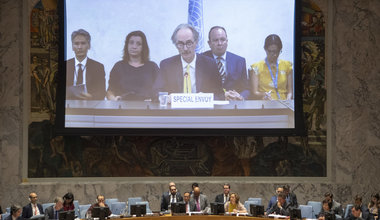 Geir Pedersen (centre on screen), Special Envoy of the Secretary-General for Syria, briefs the Security Council on the situation in the Middle East (Syria). 